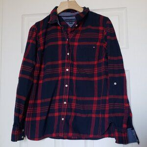 Tommy Hilfiger Women’s Blue Red Plaid Flannel 100% Cotton Shirt - Size Medium